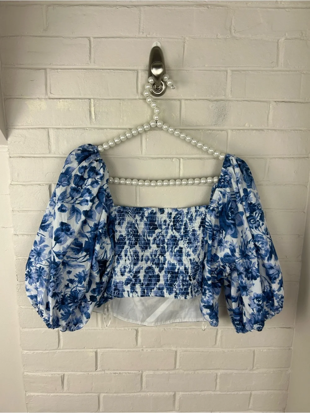 Abercrombie + Fitch Emerson Blue White Floral Smocked Puff Sleeve Top Size XL